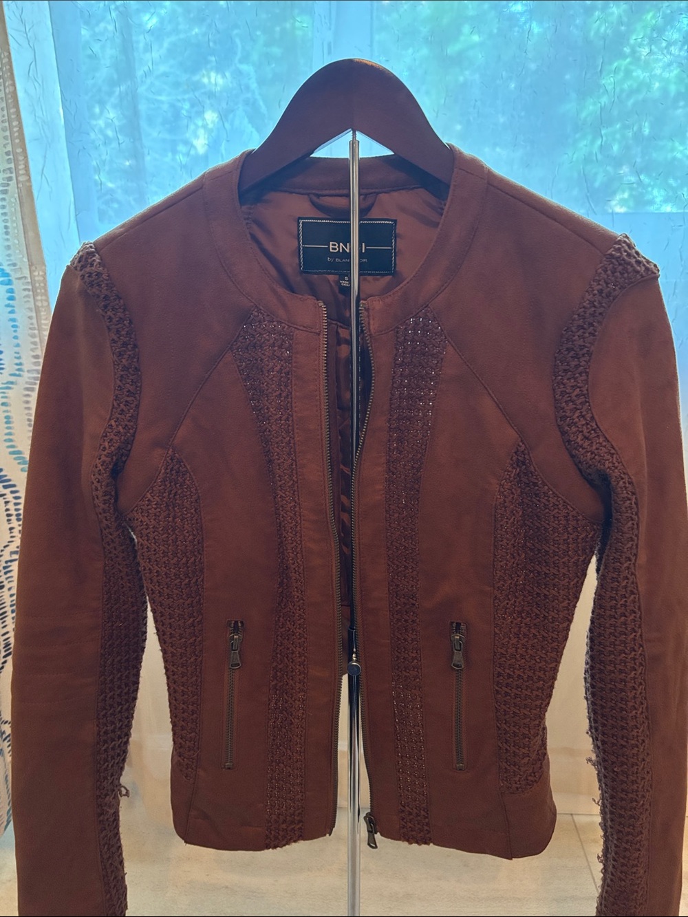 blanc noir Brown Suede Knit-Panel Zip Jacket